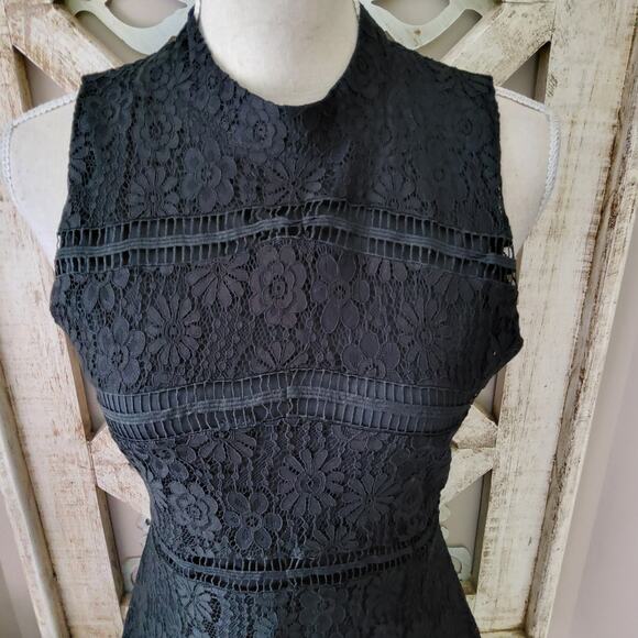 Francesca's Women's Sleeveless Lace Mock Neck Fit & Flare Mini Dress in Black - Picture 3 of 13